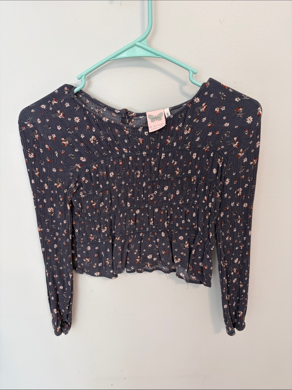 Paper Crane Navy Floral Smocked Long-Sleeve Crop Top